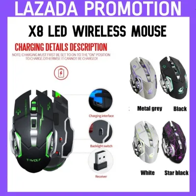 #Readystock Rechargeable X8 Wireless Silent LED Backlit USB Optical Ergonomic Gaming Mouse LED mouse computer mouse