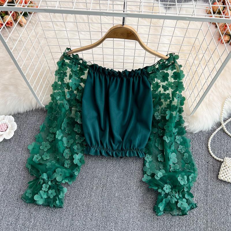 Áo Voan Phối Lưới Hoa Hở Vai Áo Nữ Dáng Rộng
