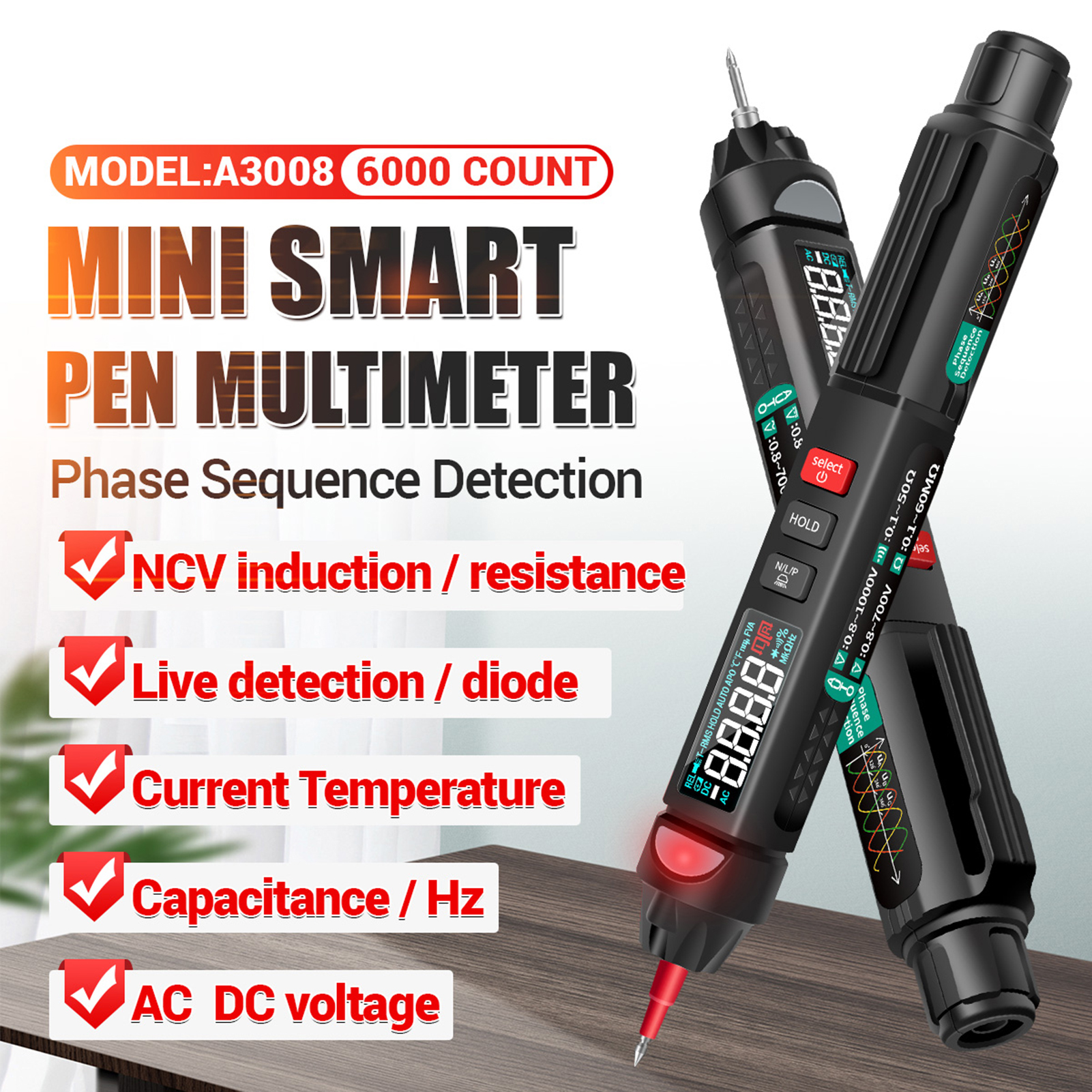 ANENG Đồng Hồ Vạn Năng Bút A3008 Đồng Hồ Vạn Năng Kỹ Thuật Số Đếm 6000 Đồng Hồ Đo Với Màn Hình LCD Đèn Pin Đèn Nền NCV Tự Động Tắt Nhiều Phụ Kiện Cho Điện Áp Điện Trở Dòng Điện Diode Điện Dung