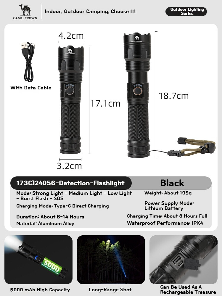 CamelCrown Rechargeable Flashlight Outdoor Long Shot Small Torch Portable Work Light Multifunction Flashlight Home Super Bright