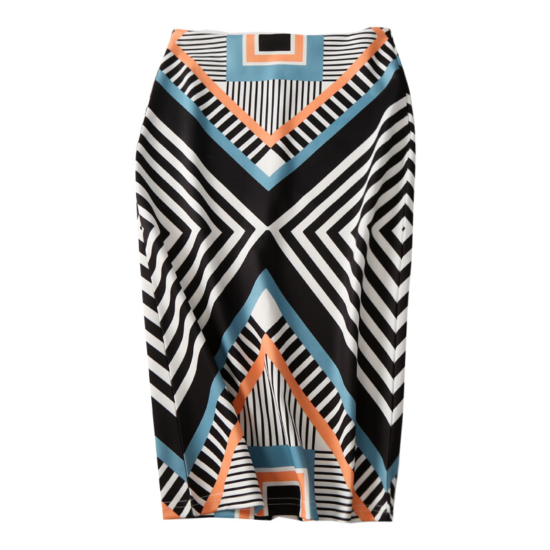 Ready Stock Women's Summer Autumn Pencil skirts Geometric Print Pattern High Waist Slim Midi Skirts