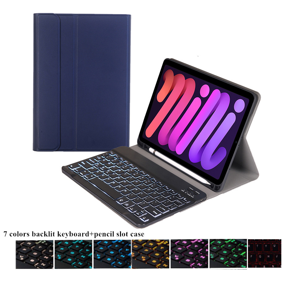 7 Colors Backlight Keyboard for iPad Mini 6th generation 2021 Smart Leather Case with Pencil Slot for iPad Mini 6 Keyboard Case+Stylus