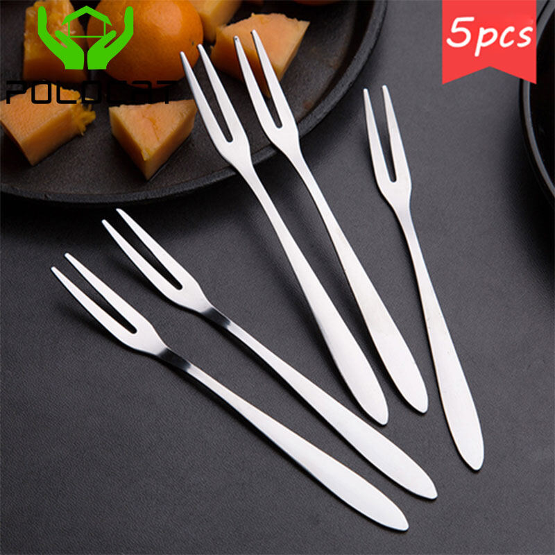Polocat 5pcs Stainless Steel Two Prong Fruit Fork, Snack Cake Dessert Forks, Fruit Fork Western Style Tableware, Cafe Home Kitchen Accessoriess#1