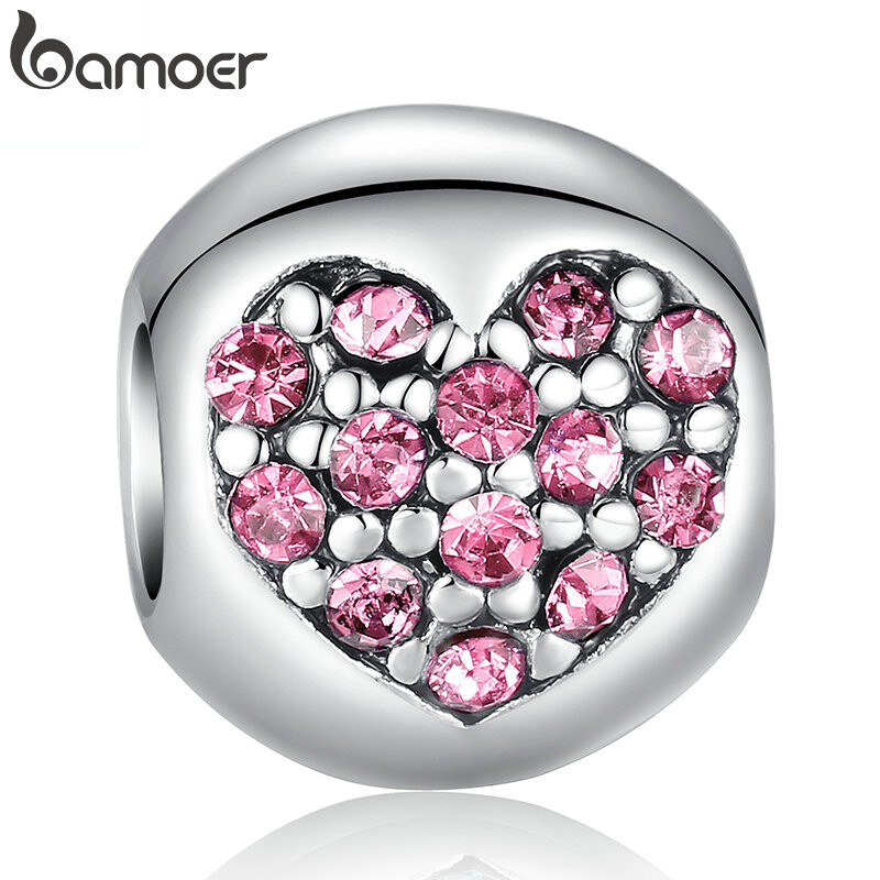 BAMOER Silver Color Love Of My Life Heart Pink CZ Charm Fit Bracelet Necklace Accessories Bead Jewelry Making PA5283
