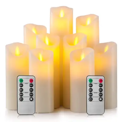 Flameless Candles Set of 9 Ivory Battery Operated Real Wax Pillars & Moving Flame Wick LED Candles and 10-Key Remote Control with Timer, Diameter 5.3cm