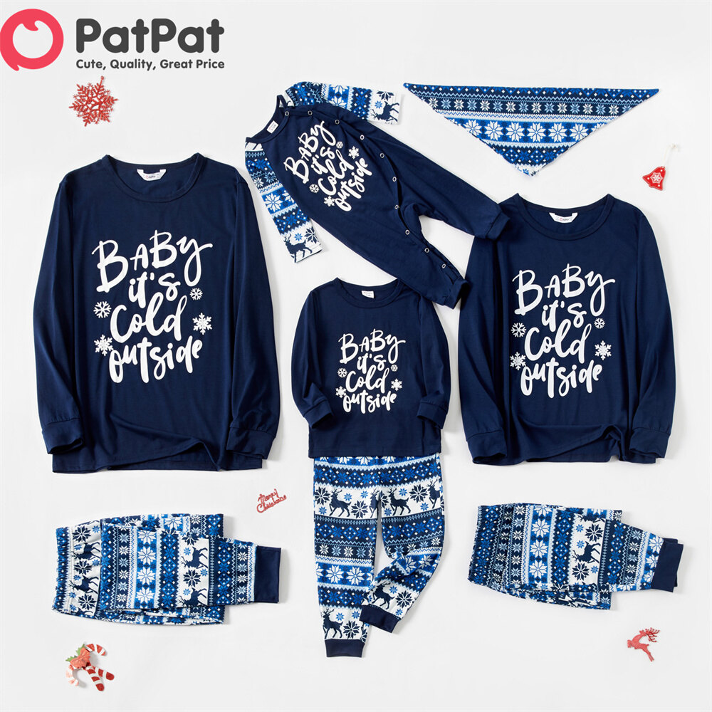 PatPat Family Look Mosaic Family Matching Letter Top Reindeer Pants Christmas Pajamas Set for Baby Kids Mom Dad