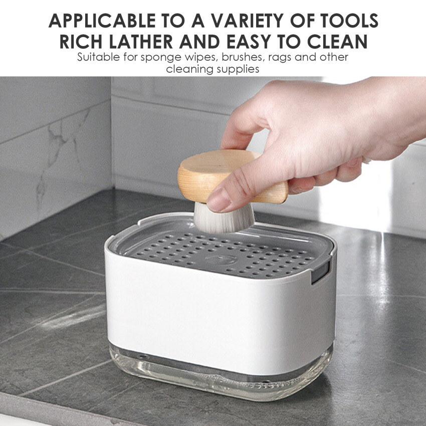 Manual Press Dishwashing Container Double Layer Cleaning Liquid Box Soap Pump Dispenser Detergent Dispenser Foam Bottle W/ Sponge