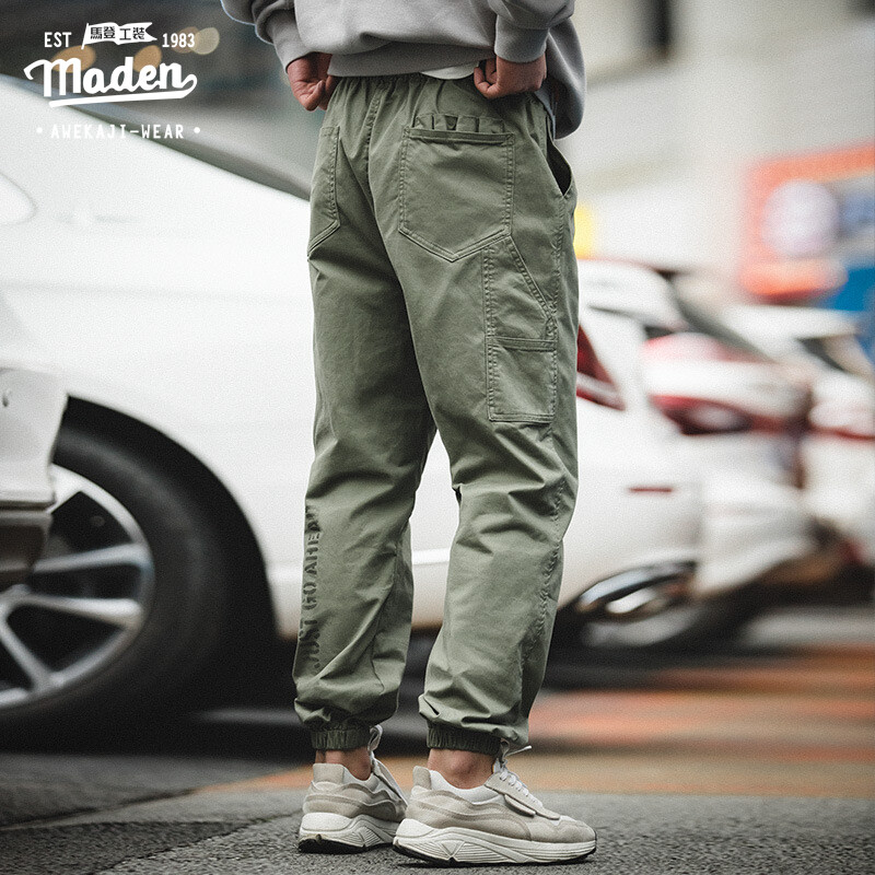 Maden brand Workwear style 2024 autumn men youth American casual print mid-waist black boyfriend overalls with drawstring elastic waist and micro-elastic campus academic sports leggings Easy Pants