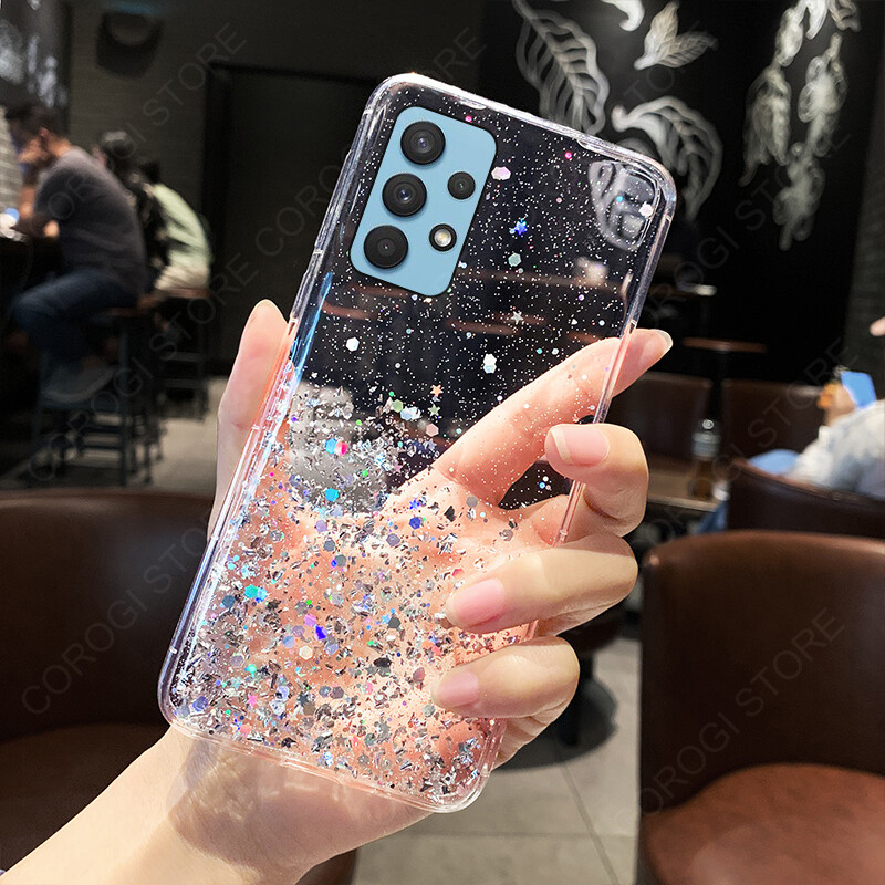 For Samsung Galaxy A32 4G Case Luxury Ultra Thin Shiny Glitter Foil Phone Cases Anti-Scratch Clear Soft TPU Silicone Rubber Bumper Shockproof Protective Casing Cover Women Girls Lady