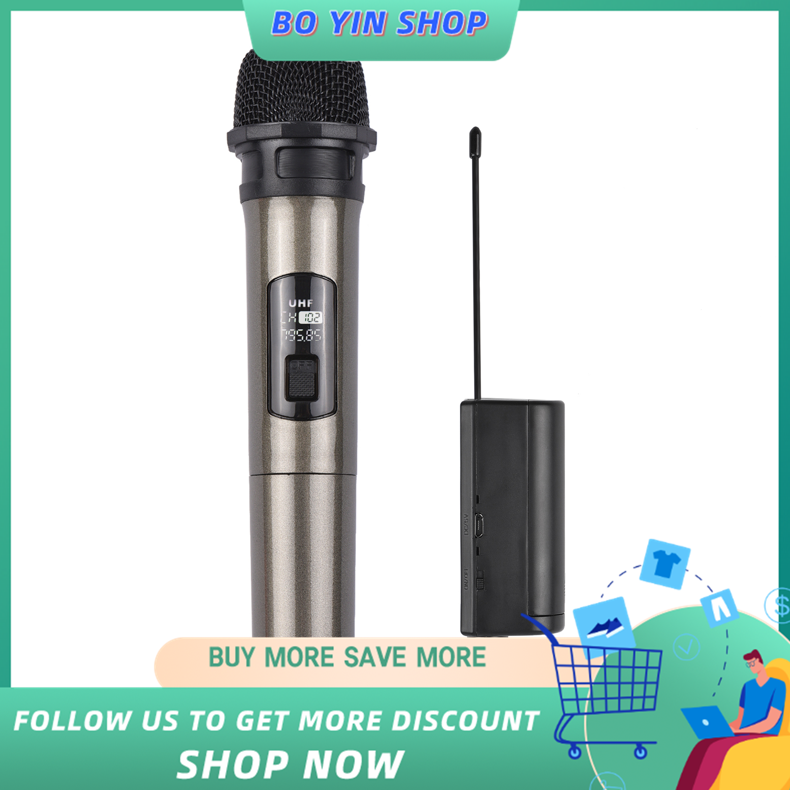 Micro không dây cầm tay UHF có đầu cắm 6,35mm tương thích với loa hệ thống hát karaoke, có bộ khuếch đại và bộ trộn âm thanh dùng để biểu diễn trên sân khấu hoặc trong các cuộc họp - INTL
