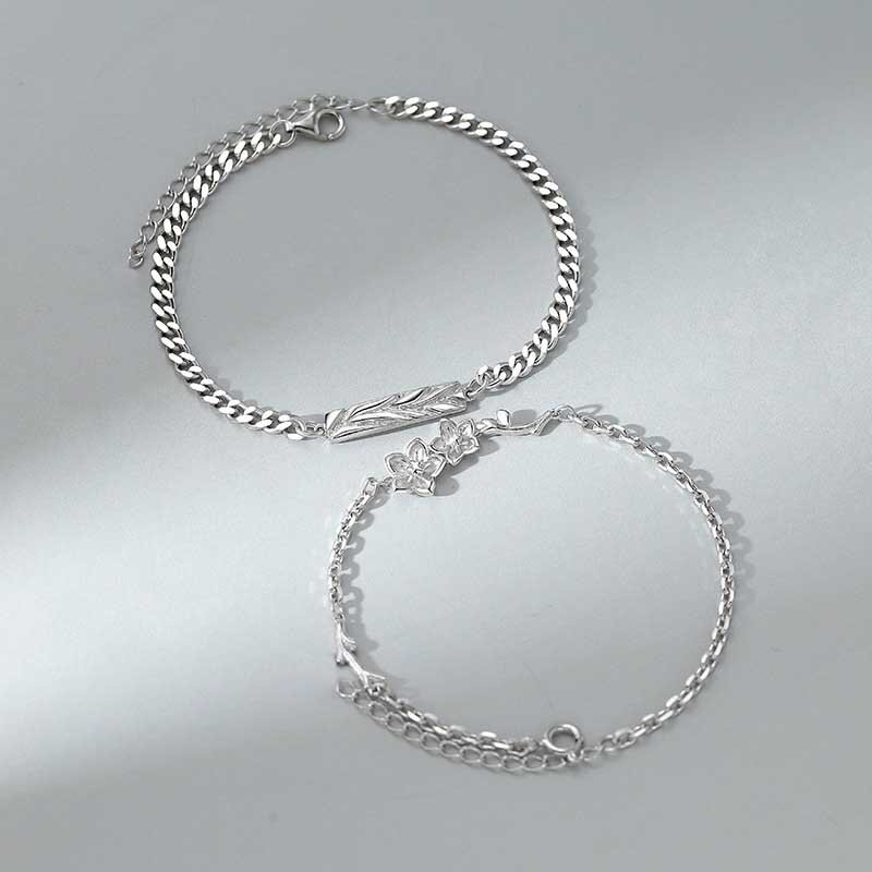 Thanh lịch phong cách đơn giản quên-me-không hoa mặt dây chuyền hình lá Bangles titan bạc thép nam nữ thời trang đôi trang sức vòng đeo tay