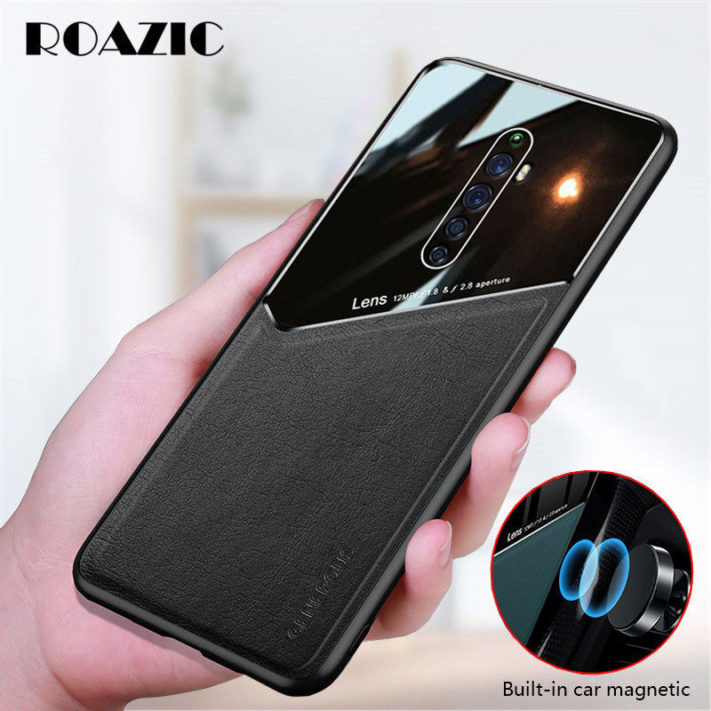 ROAZIC For OPPO Reno2 Reno2 F Phone Case Luxury Leather Cover Built-in Car Magnetic Plate Glass Camera Protective Casing Reno2 Reno 2F