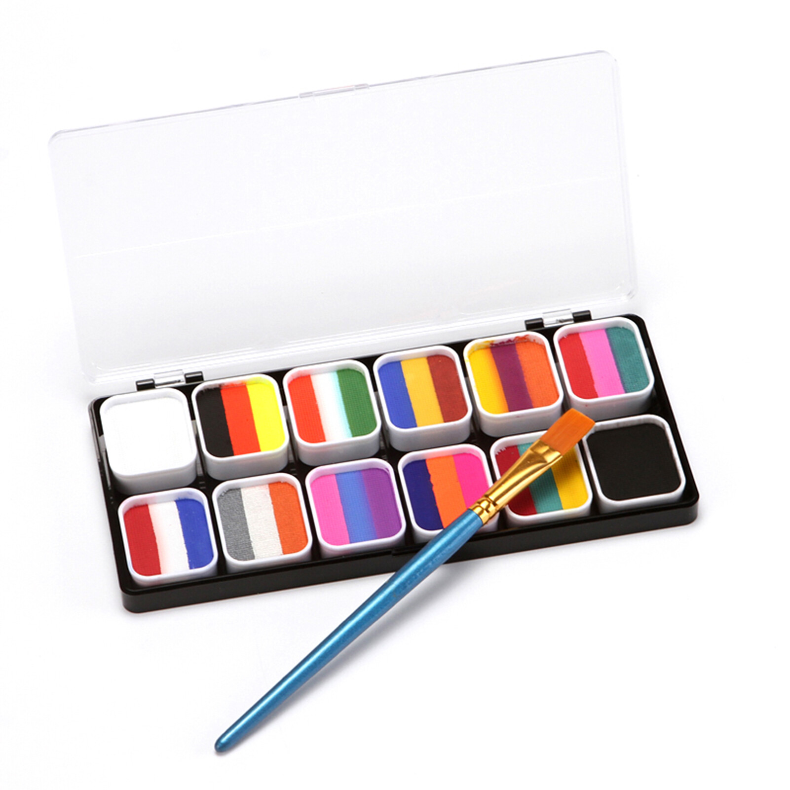 Professional Face & Body Painting Kit 12 Colors Rainbow Water Activated Paints Split Cakes Palette Makeup Cosplay Facepaints with Brush Safe & Non-Toxic Hypoallergenic for Halloween Costume Party Festival Art Supplies