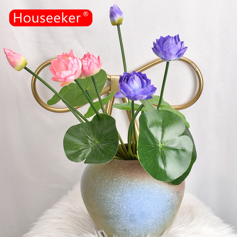 Houseeker Artificial Lotus for Home Decoration CNY New Year Decor Silk 3 Head Lotus Branches without Vase