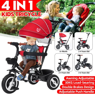 4-In-1 Kids Tricycle Baby Stroller Ride-On Trike Learning Toy Bike w/ Canopy Basket