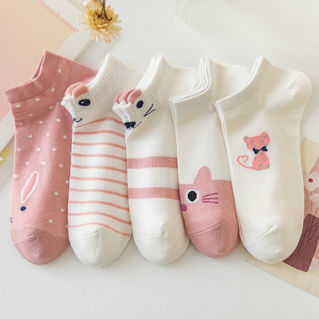 1 Pair Comfortable Breathable Short Socks for Girls Cute Cartoon Harajuku Cat Pattern Soft Casual Boat Socks