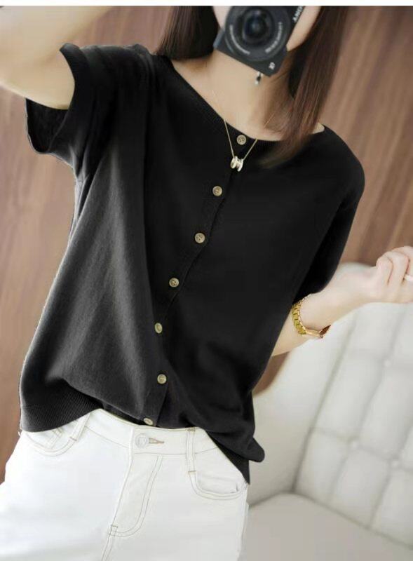 OULINNA 2021 Thin Ice Silk Short-sleeved Knitted Cardigan Women Both Sides Wear Air-conditioned Shirt with Skirt Tops Short Loose