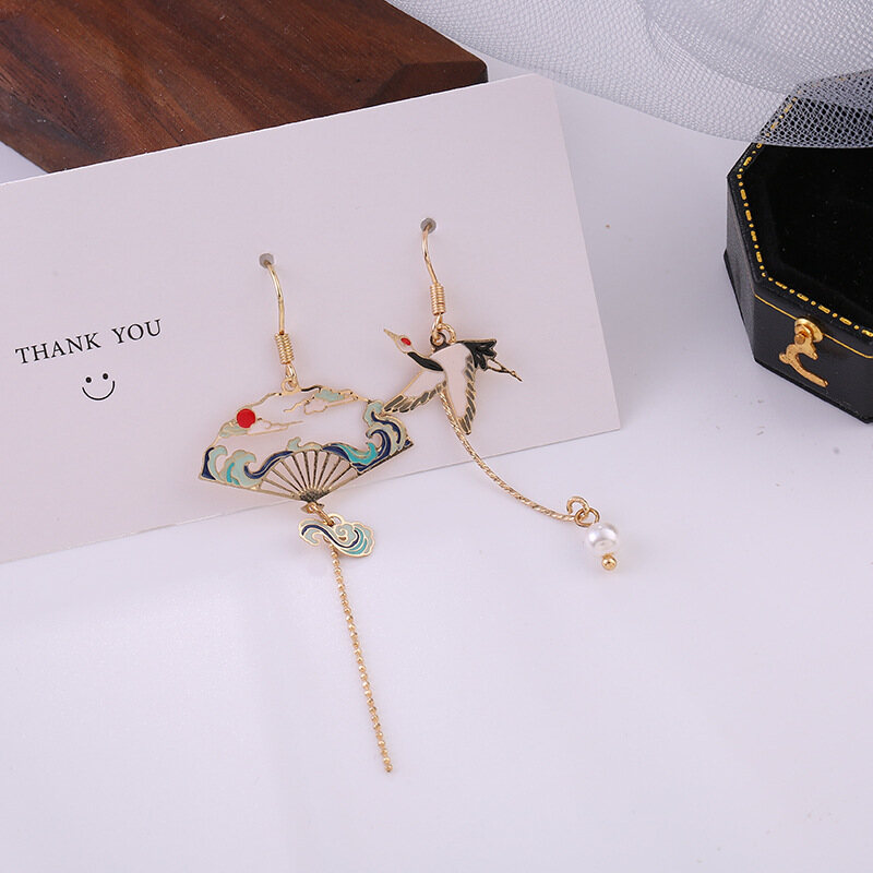 Chinese Style Folding Fan Earrings Crane and Auspicious Clouds Female Hollow Long Tassel Oil Painting Earring