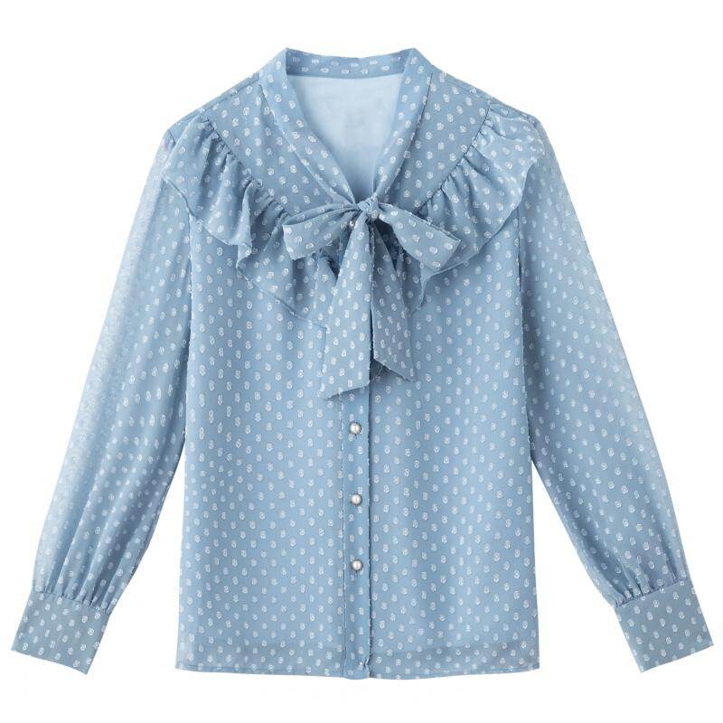 REHIN Women long sleeve shirt Korean version Ruffle splice Wave point chiffon blouse