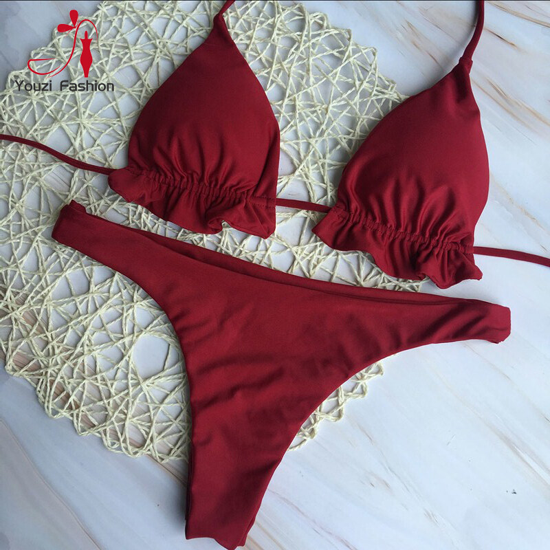 Youzi Cái/bộ 2 Món Đồ Bơi Nữ Bộ Bikini Áo Tắm Màu Trơn Gợi Cảm Thời Trang