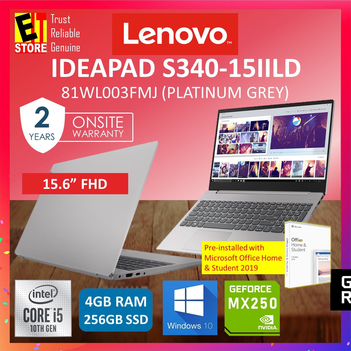LENOVO IDEAPAD S340-15IILD 81WL003FMJ LAPTOP (GREY) (I5-1035G1/4GB/256GB SSD/15.6 FHD/MX250 2GB/W10/2YRS) WITH MS.OFFICE Malaysia