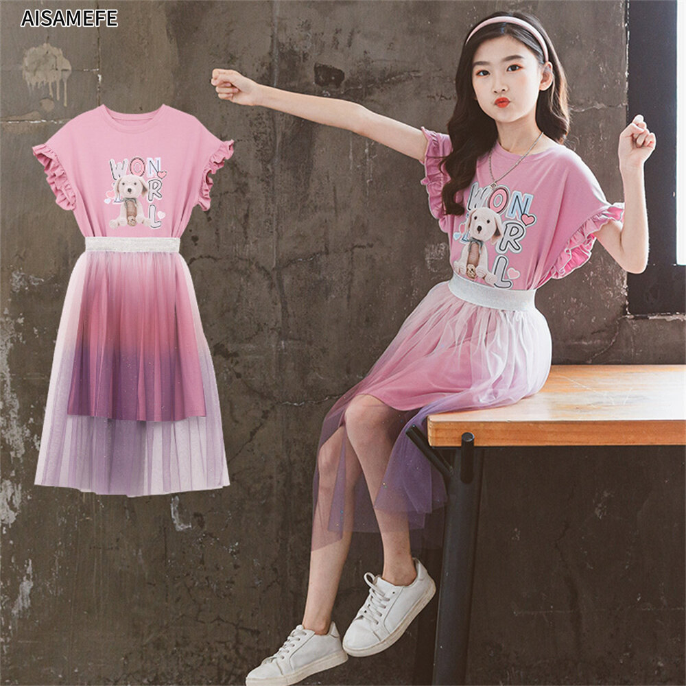 Aisamfe Bộ Đồ Thời Trang Cho Bé Gái Tuổi Teen, Đầm Thun Hoạt Hình Dễ Thương + VÁY LƯỚI Màu Tím 2 Cái Trẻ Em Mùa Hè Du Lịch Bình Thường Phong Cách Châu Âu Cô Gái Quần Áo