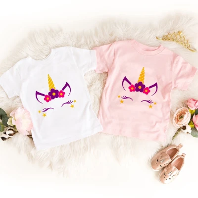 Girl Unicorn Face Cartoon Print T-shirt Children Summer Short Sleeve Tops Kids Funny Present Girls T Shirt