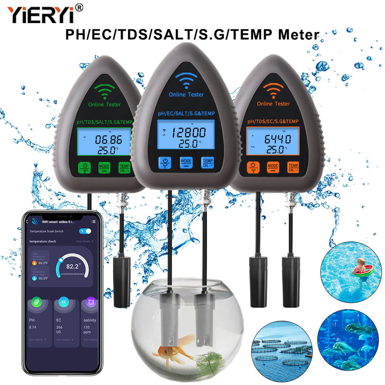 Yieryi smart wifi ph meter 5 in 1 ph/ec/tds/salt/s.g/temp water quality monitor for aquarium, aquaculture tester with tuya app controller