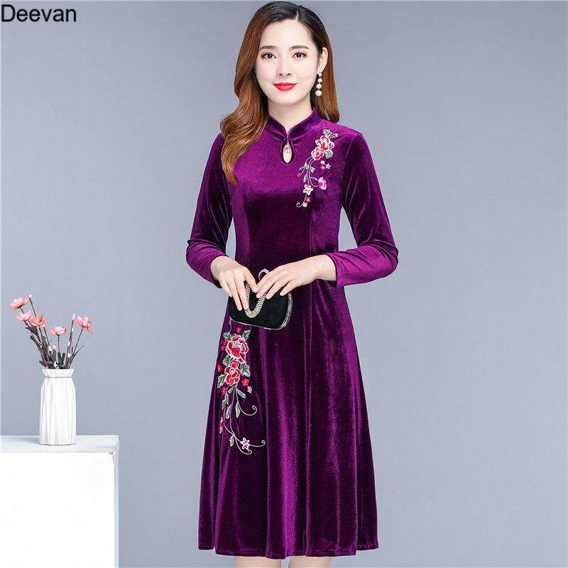 Deevan 1591774321 đầm sườn xám nhung phong cách retro mùa thu sườn xám nữ dài