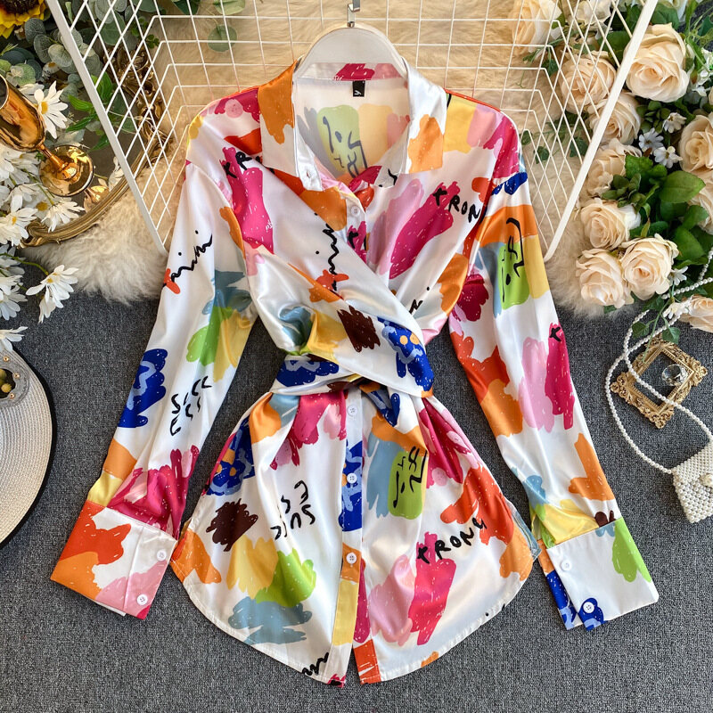 Temperament Shirt Women Casual Strappy Irregular Tie-dye Satin Blouse Spring Summer Long Sleeve Lapel Tops