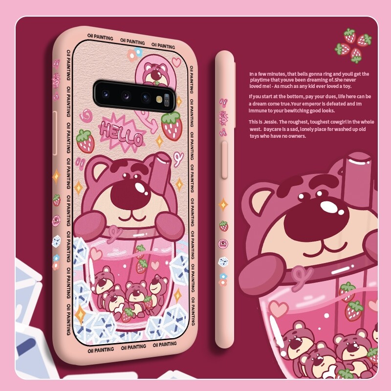 For Samsung S10 4G S10 5G S10E S10 Plus S9 Phone Case with Cute cartoon Simple Lucky oil painting watercolor strawberry bear Shockproof soft Back Cover Liquid Silicone side Pattern Camera Full Lens side protector casing