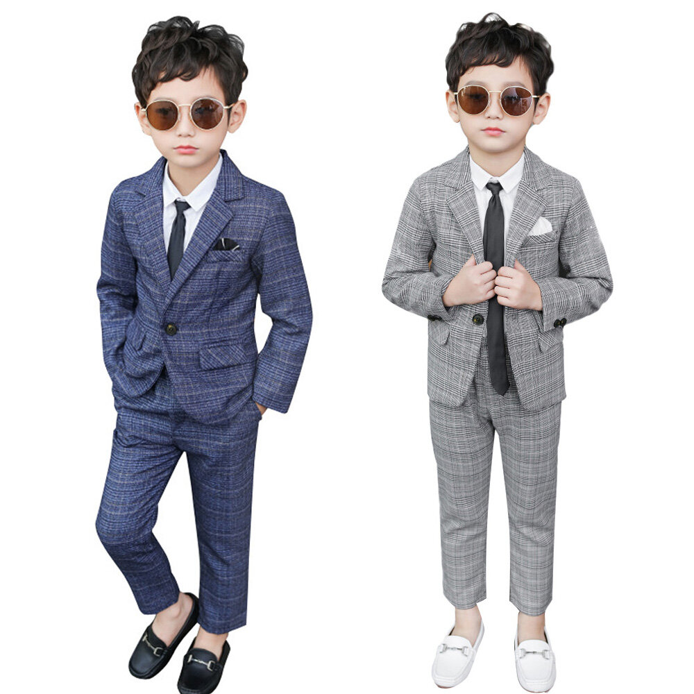 LOlanta 2-9 Years Kids Boys Plaid Blazer White Shirt and Pants Tie 4Pcs Set Children Formal Suit Birthday Party Competition Speech Wedding Clothing
