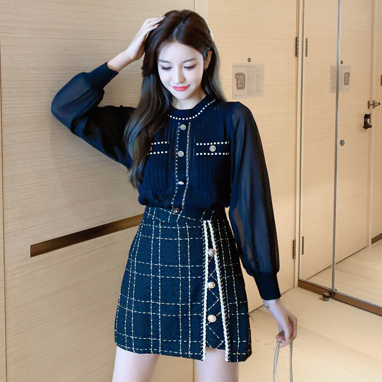 Knit Two Piece Plaid Print Skirt Suits