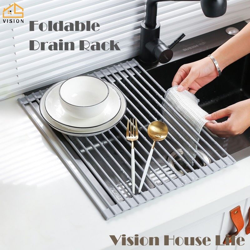 Vision Foldable Sink Drain Rack Silicone Drainboard Water Filter Kitchen Storage Rack Dishes and Tableware Storage Rack Sink Drain Basket Heat Insulation Pad