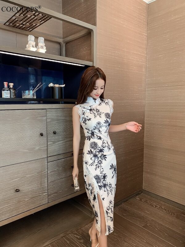 COCOEPPS cheongsam for women 2024 modern New Women's Elegant Cheongsam Retro Print Sleeveless Dress