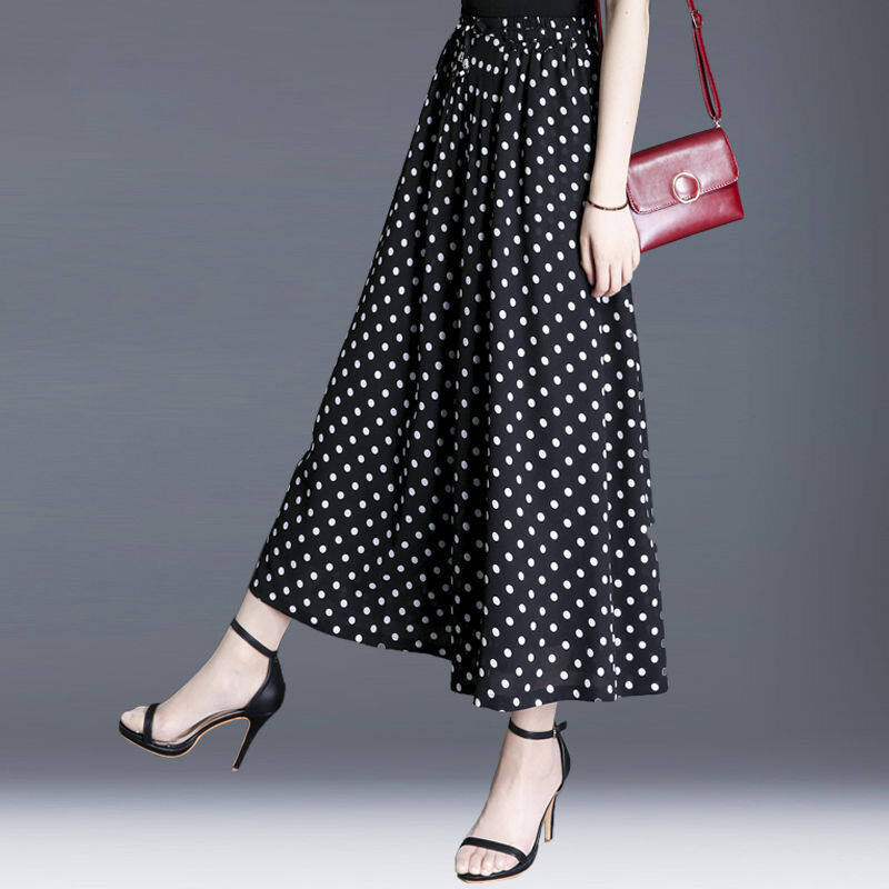 Quần voan mới mùa hè, quần ống rộng cạp cao dáng rộng cho nữ quần culottes 9 tấc chấm bi cho nữ quần ống rộng