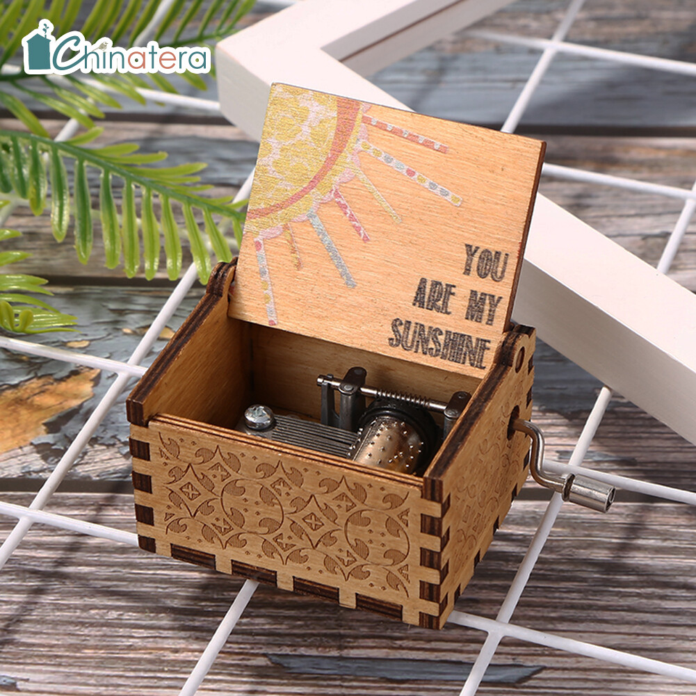 [Chinatera] Vintage Wooden Letter Carved Hand Cranked Music Box You Are My Sunshine Music Box Home Decoration Ornaments Gift