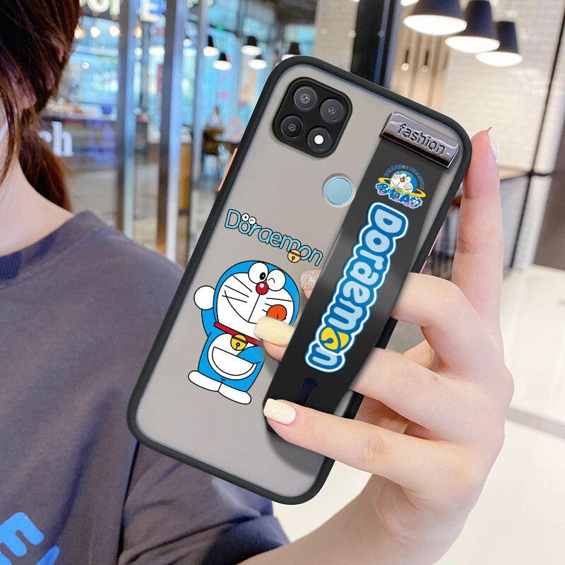 UCUC Case For OPPO A15 A15S (With Wristband)Shockproof Frosted Back Cartoon Doraemon Casing For Girls Soft Edge Full Lens Protection Cover Ultra Thin Phone Case OPPOA15S