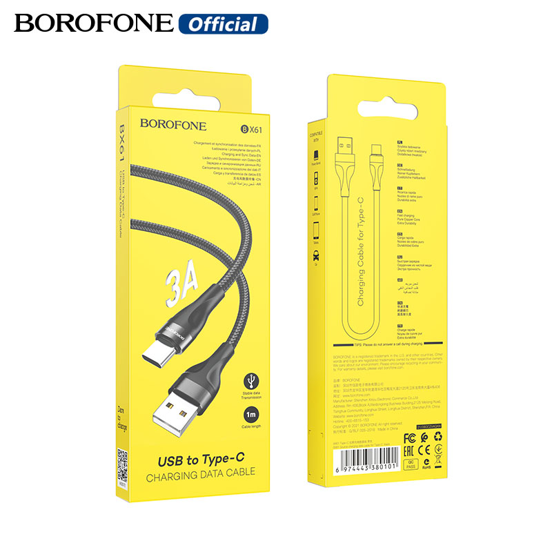 BOROFONE BX61 Fast Charging 3A/2.4A Data Cable For Lightning Type-C Micro For iPhone HUAWEI OPPO ViVO Xiaomi Samsung Redmi USB Cord 1M Cable
