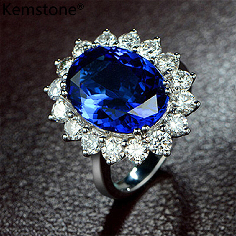 Kemstone Blue Crystal Silver Plated Cuff Ajdustable Ring Retro Female Women Jewelry Gift