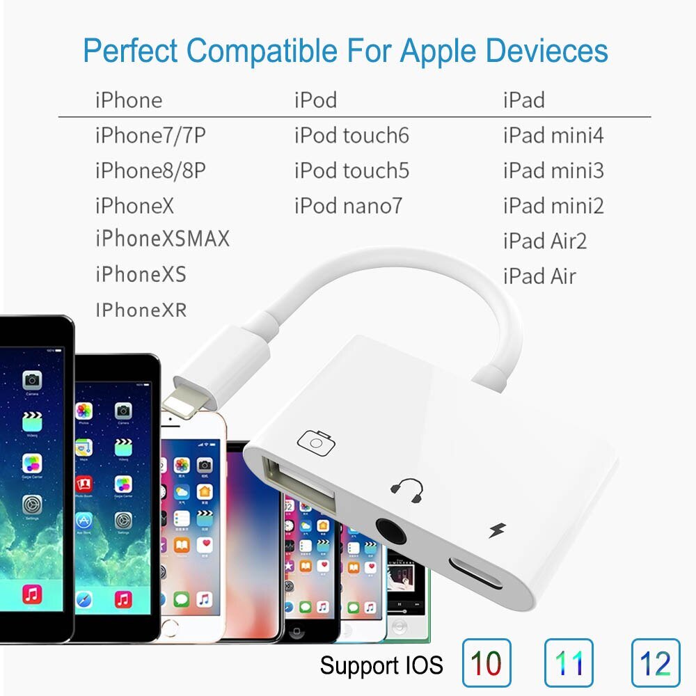 Bộ Chuyển Đổi 3 Trong 1 Lightning Sang Audio USB 3 Bộ Chuyển Đổi Đầu Đọc Thẻ Máy Ảnh Lightning Sang USB 3 Cho iPhone 14 13 12 Pro Max 11 X Xs Max iPad IPod