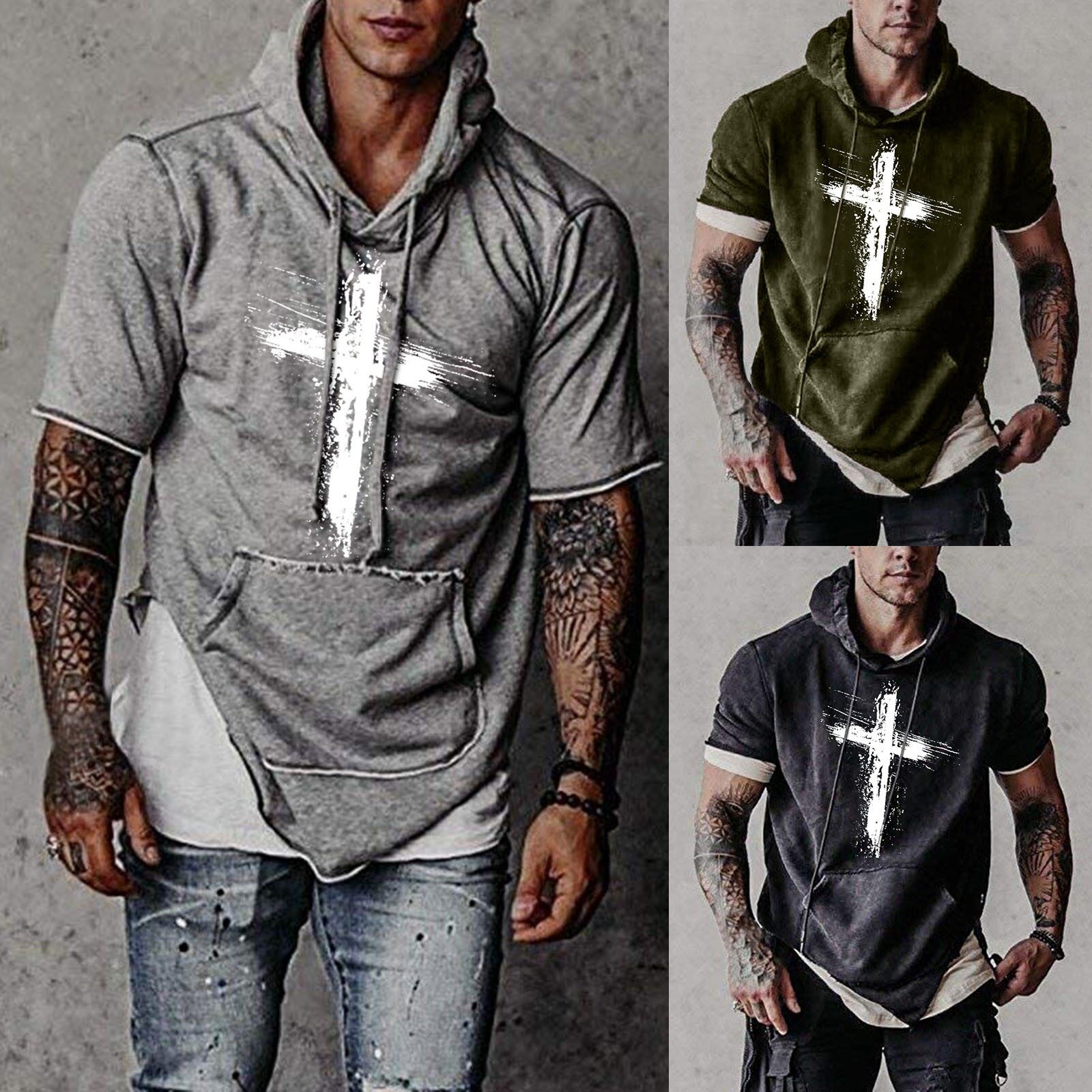 hoodie men Men's Gym Fitness Blouse Sweatshirt Short Sleeve Cross Print