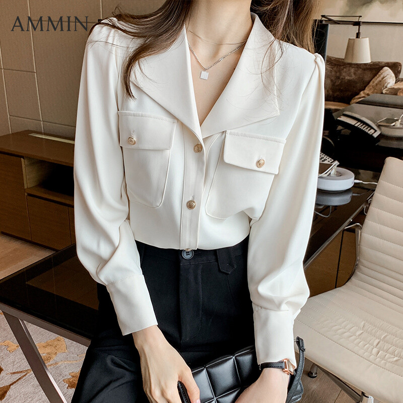 AMMIN Korean design apricot lapel shirt women 2021 fashion all-match long-sleeved shirt casual Blouse