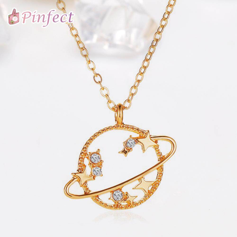 [Pinfect] Vintage Korean Hollow Planet Star Pendant Choker Necklace Zircon Universe Women Simple Clavicle Chain Wedding Holiday Jewelry Gifts