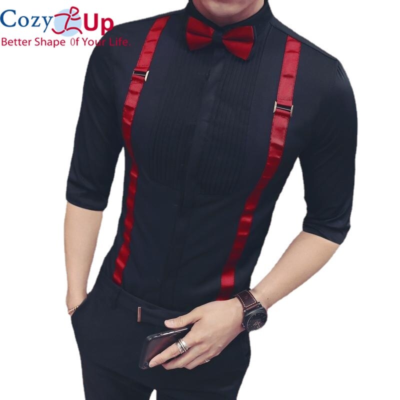 Cozy Up Men Pleat shirt with bowtie men tuxedo shirt black white stylish wedding party club party slim fit