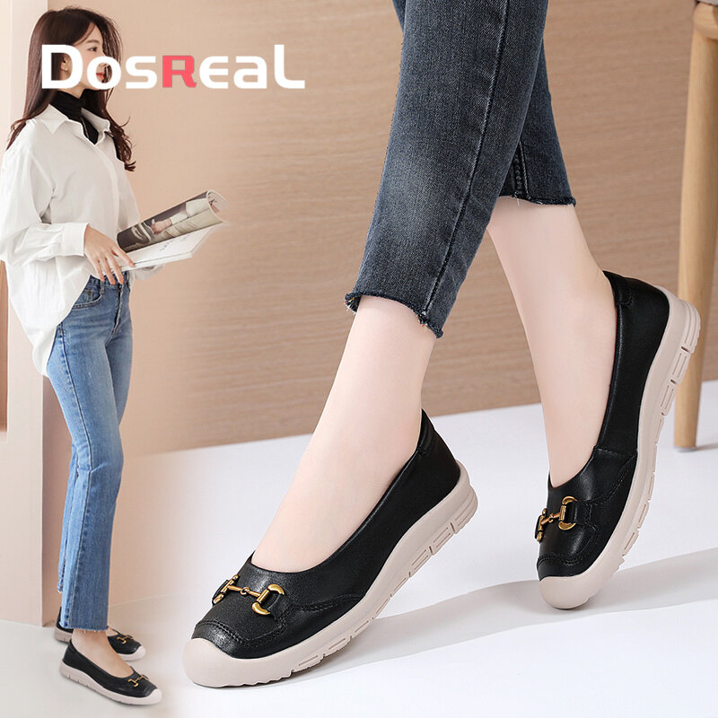 酱dosreal giày đế bằng cho nữ giày lười nữ da thật giày thường ngày màu đen đế mềm cho nữ giày lười nữ giày thuyền1020