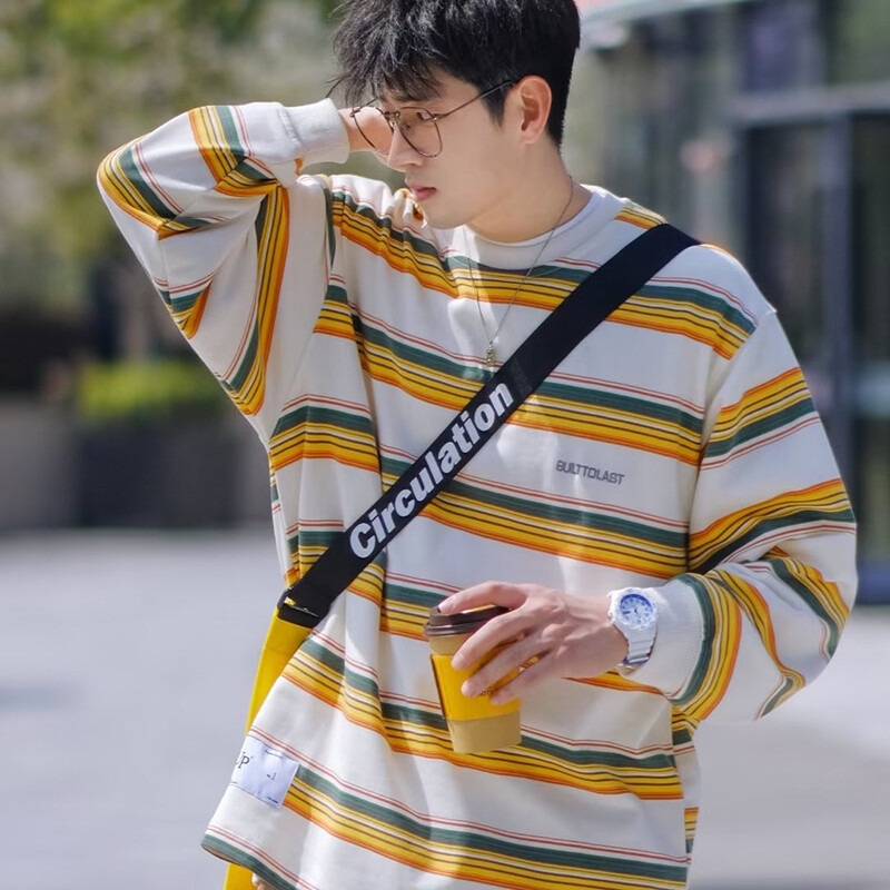 EERSHENSHI | Người đàn ông vòng cổ áo thun trùm đầu sọc cổ điển sọc mỏng áo thun