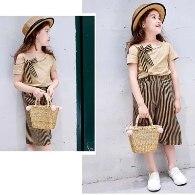 KKbaby Children Girls Casual Summer Short Sleeve T-shirt+Striped Print Shorts Suits 2Pcs Costume Set