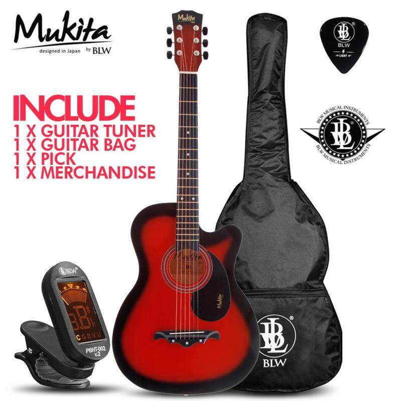 Mukita by BLW Standard Acoustic Folk Cutaway Basic Guitar Package 38 Inch for beginners with Bag, Pick, Digital Tuner and Merchandise Sticker (Red) Malaysia