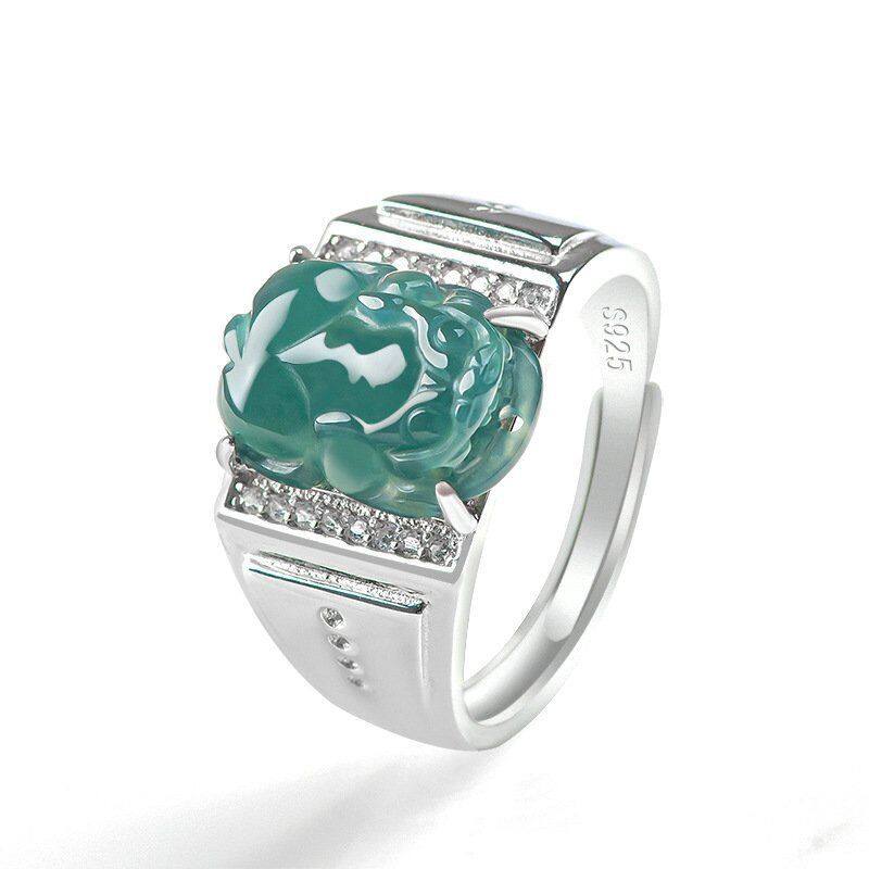 RY-Pixiu ring silver inlaid jadeite jade ring for wealth fashion trend size adjustable moissanite ring for men and women